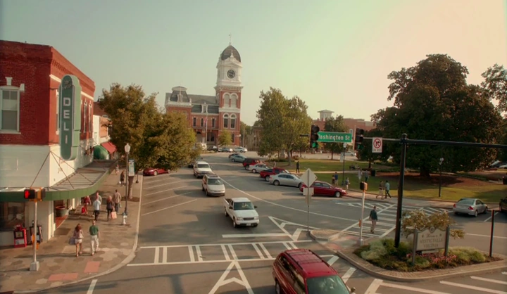 Mystic Falls town square on a sunny day.